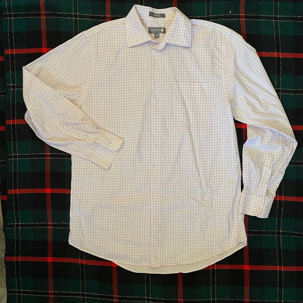 Nordstrom 16-35 Purple on White‎ Plaid BF LS All Cotton Shirt Very Nice